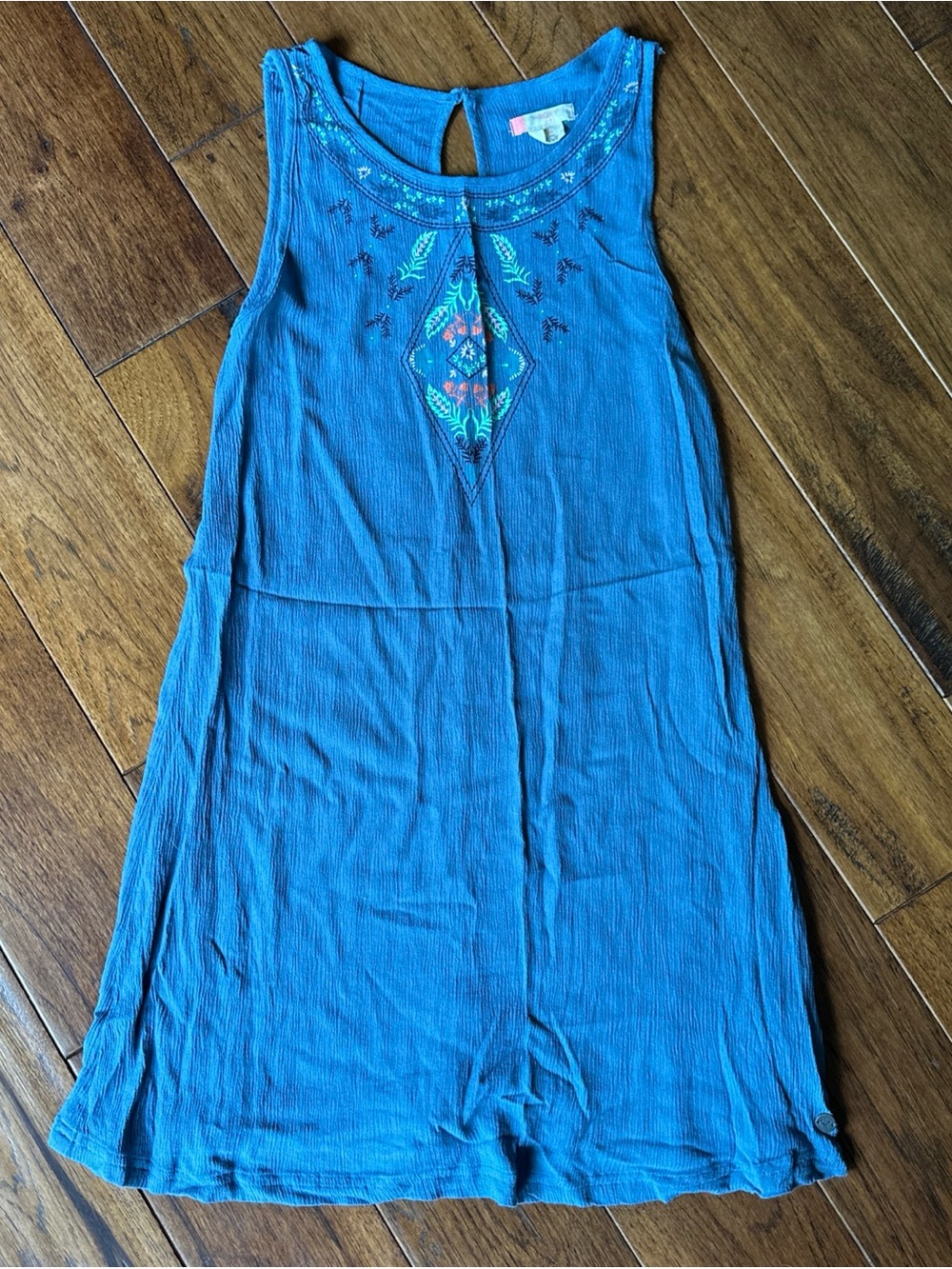 Roxy Girls Blue Tank Dress Flowy Crepe Faux Embroidery Print Large 12 Beach Surf